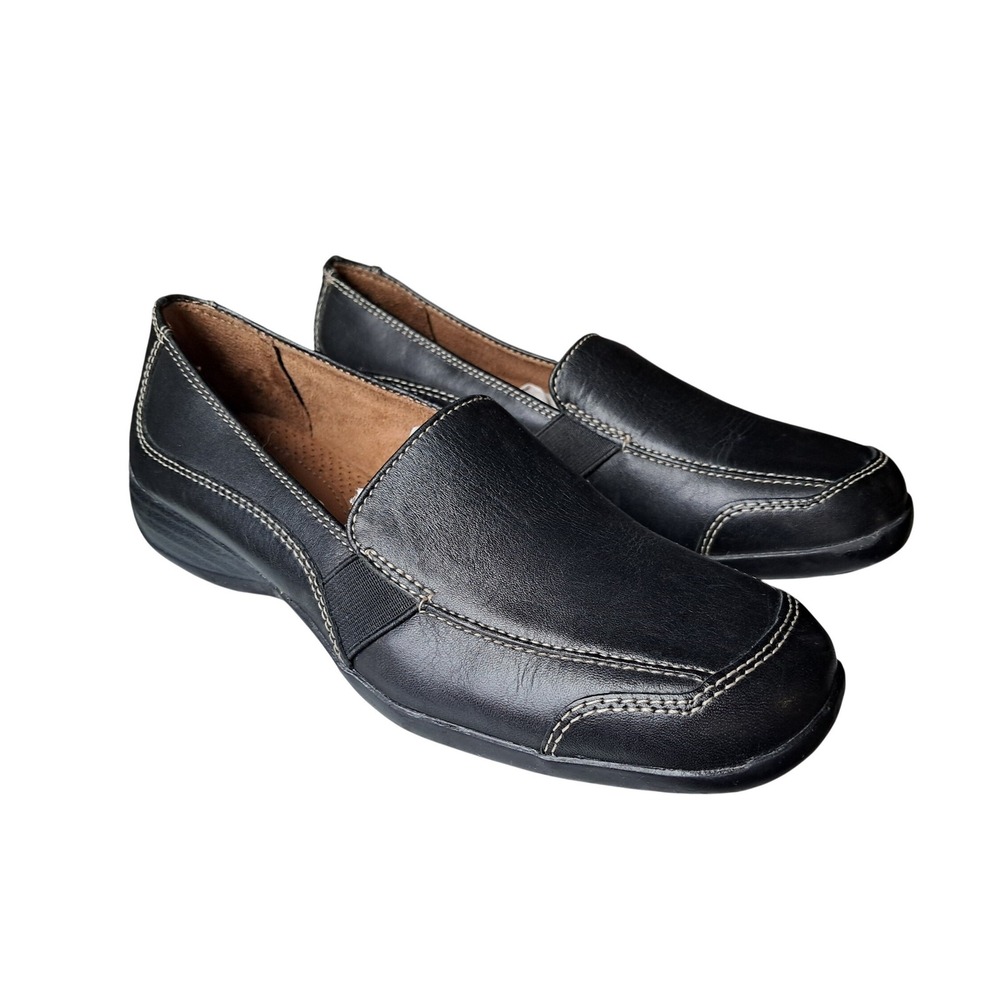 Natural Soul by Naturalizer Black Leather Loafers Square Toe Slip On Shoes 6M